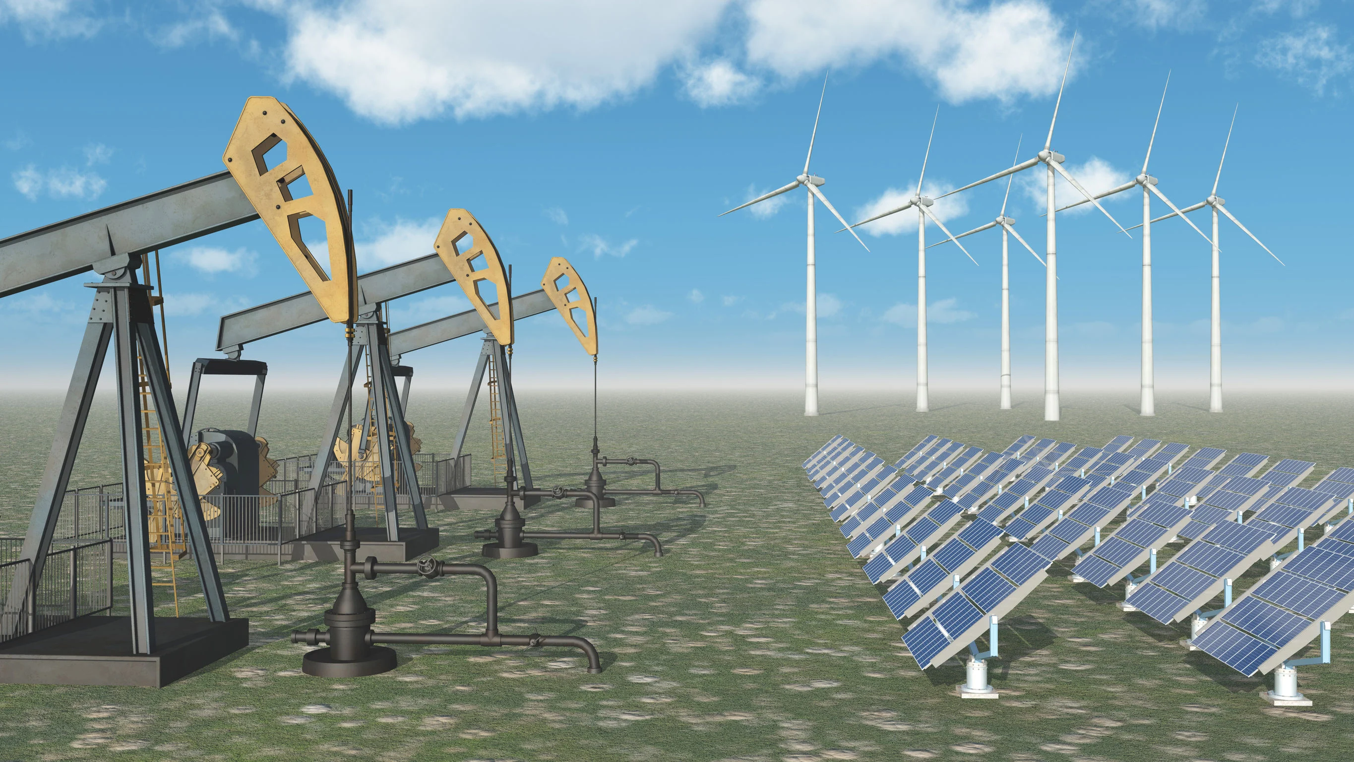 Oil pumps, wind turbines, and solar panels representing mixed energy sources