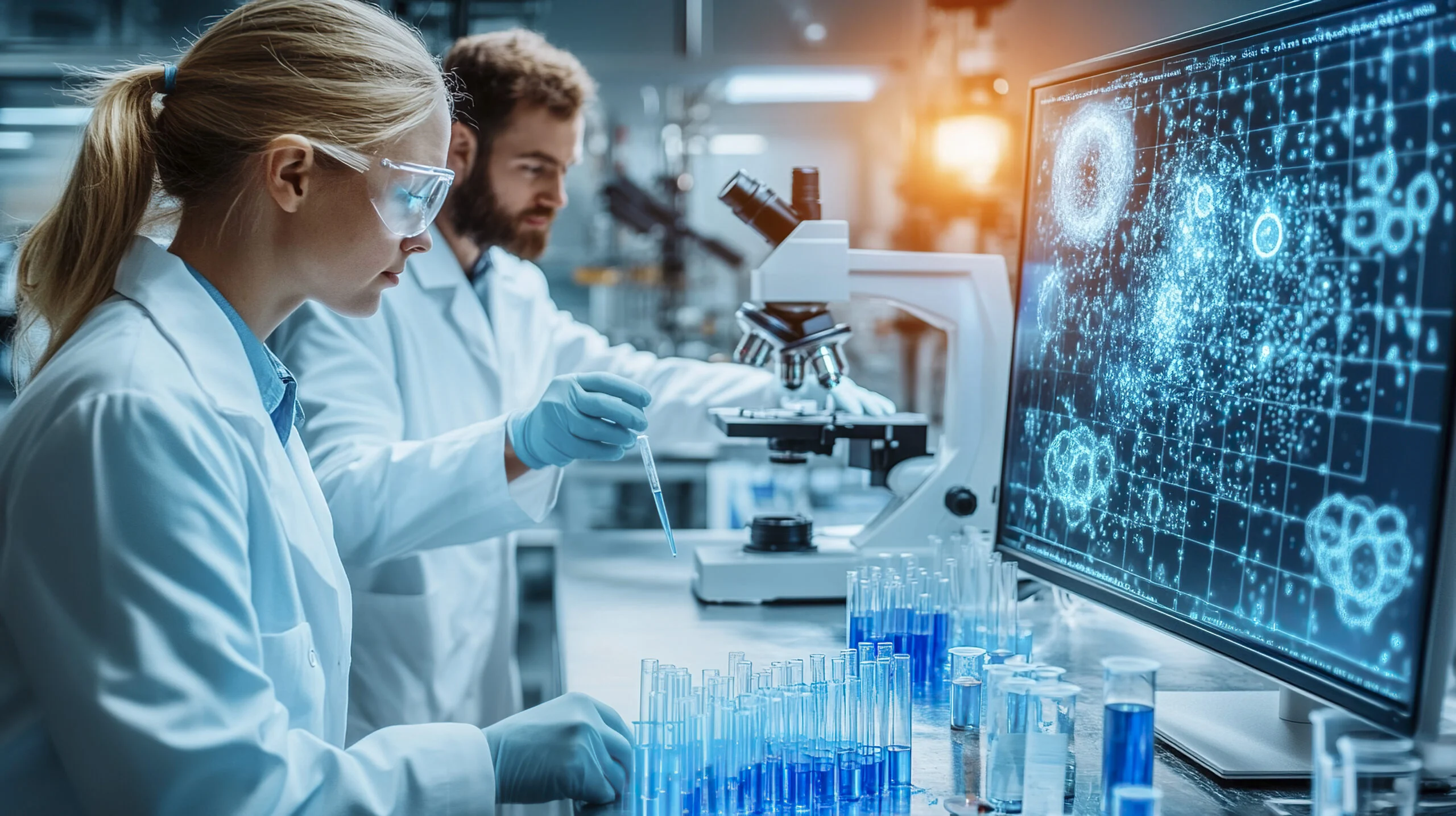 Laboratory researchers reviewing digital data