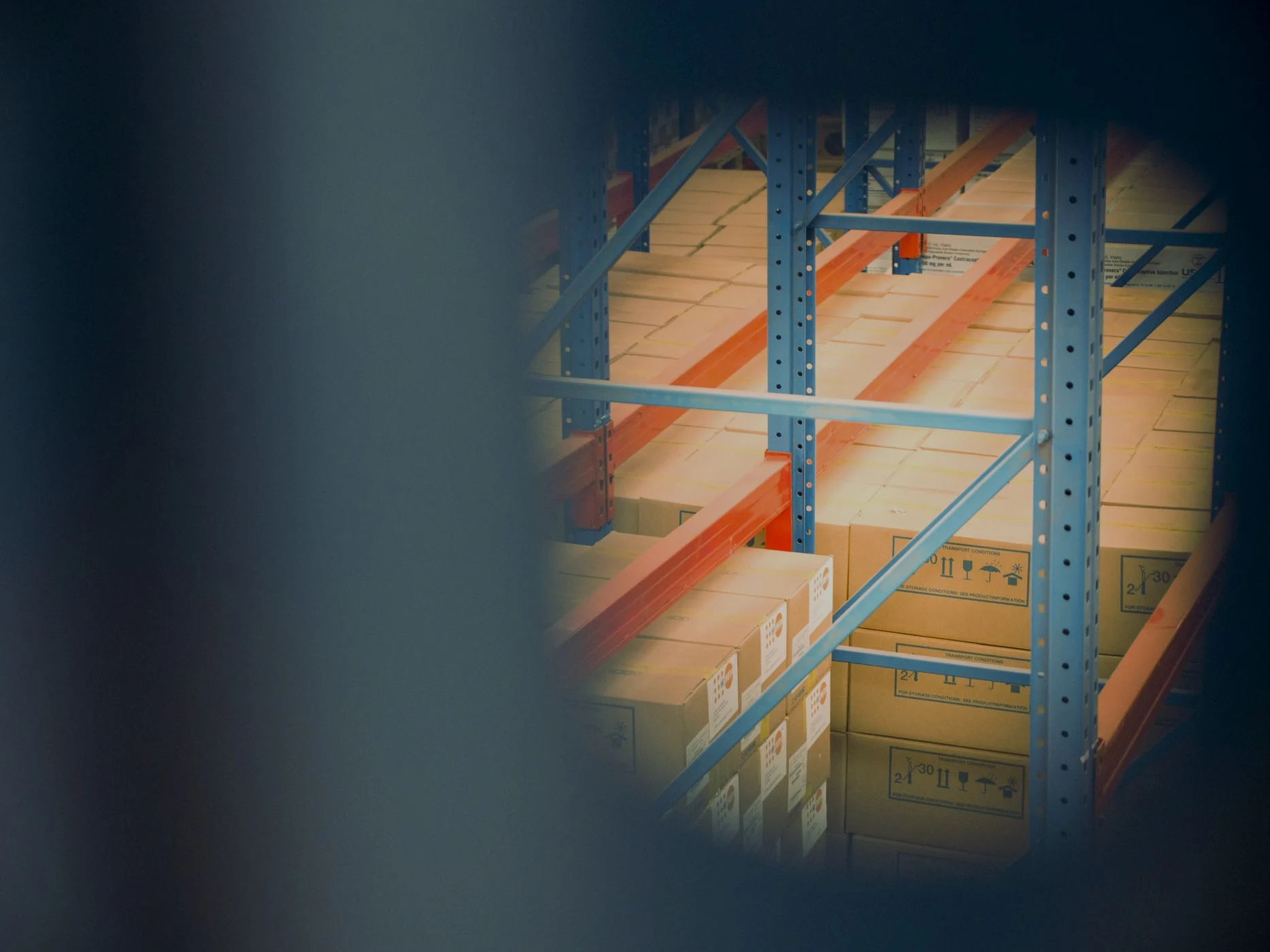 Warehouse storage racks viewed through a dark overlay