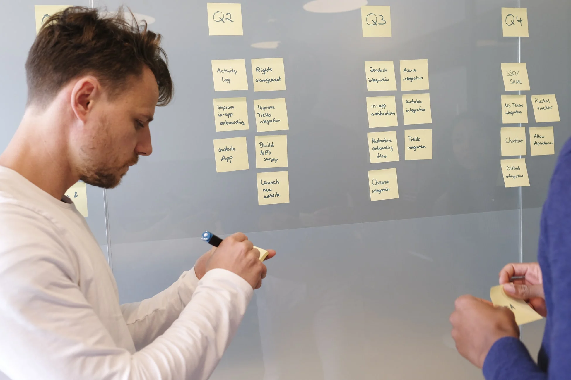 Team members working with sticky notes on a process board
