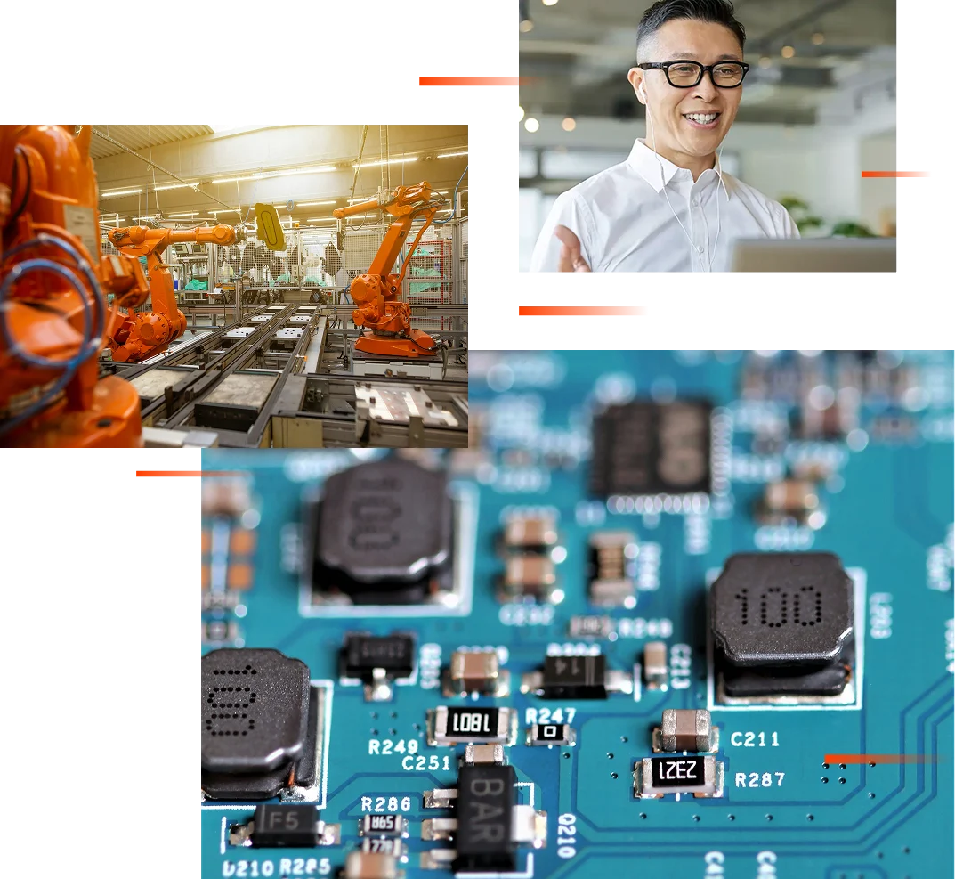 Manufacturing, consulting, and electronics scenes representing Incito Lean work