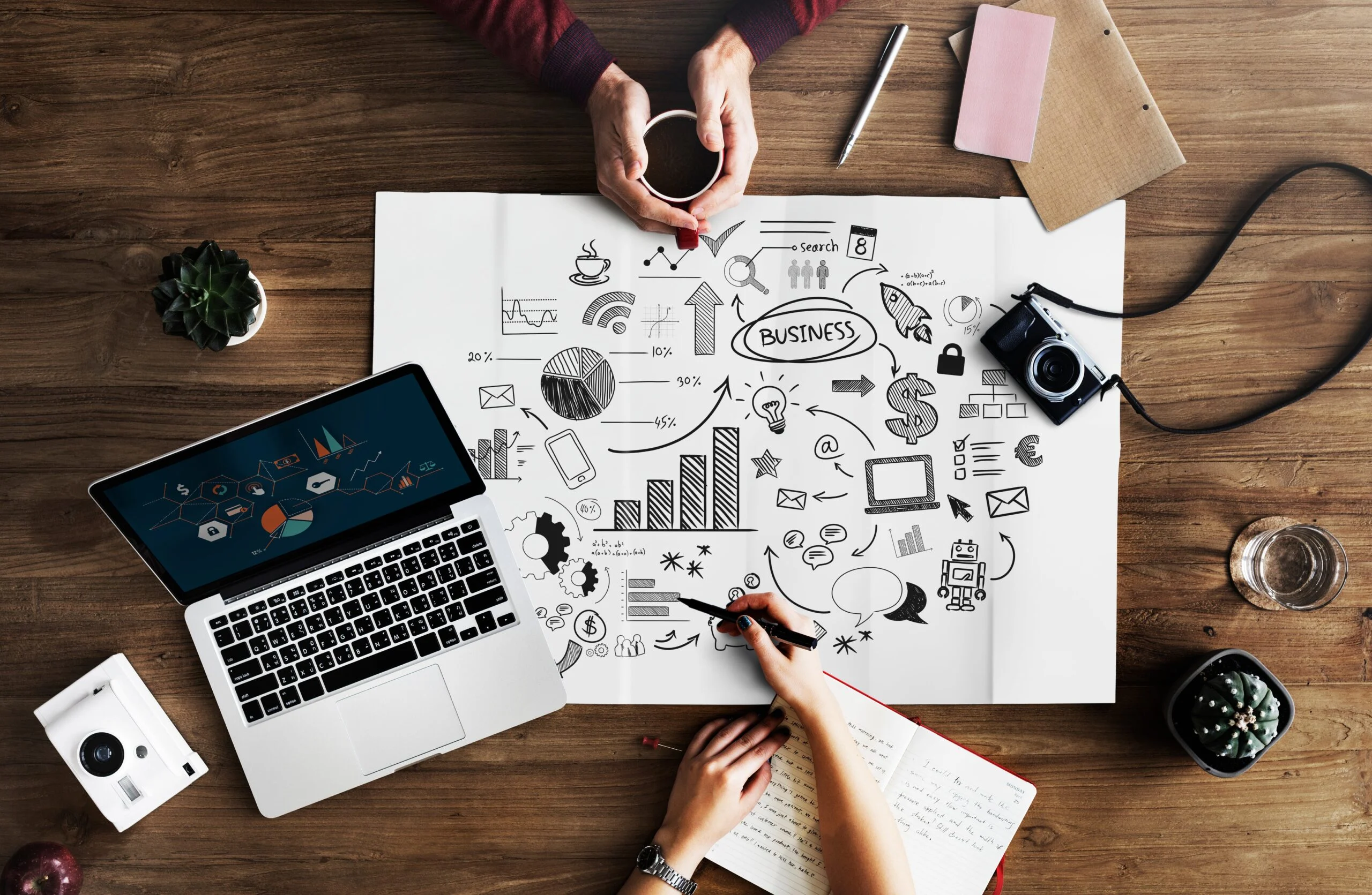Hands surrounding a business strategy planning sheet